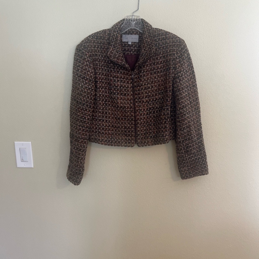 Emil Rutenberg Blazer Women S Brown Tweed Zip Front Cropped Jacket 4012 USA Made